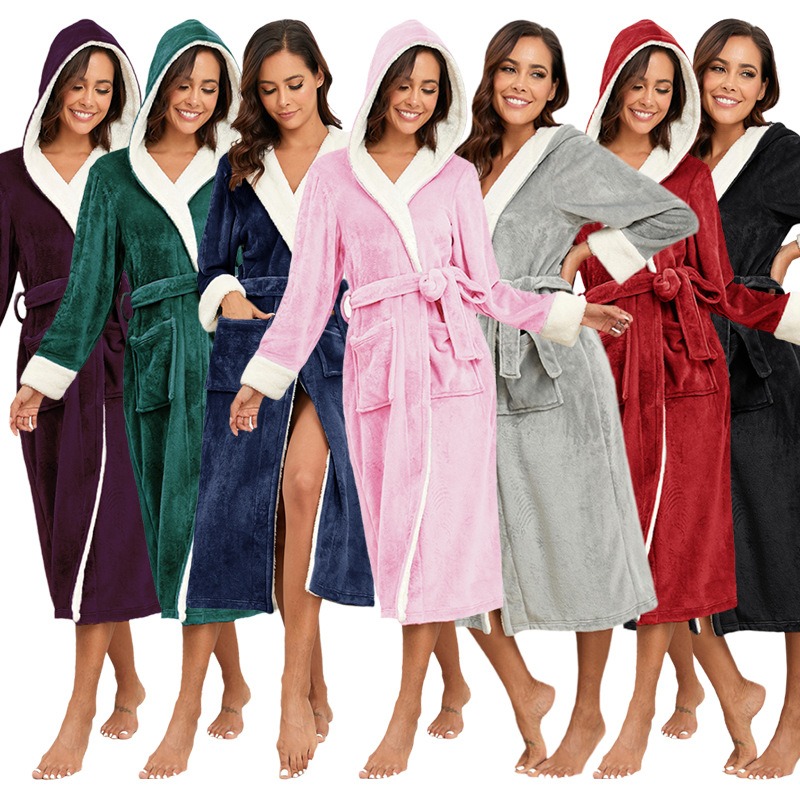 CHINEE Fleece Bathrobe Robe Sleepwear Hooded Custom Polyester Flannel Ladies Sherpa Dressing Gown for Women