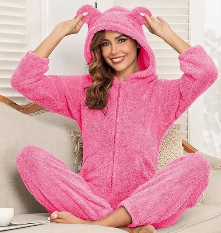 CHINEE Fleece Onesie Pajamas for Women Fuzzy Sherpa Hooded Romper One Piece Winter Sleepwear Flannel Pajama Jumpsuit