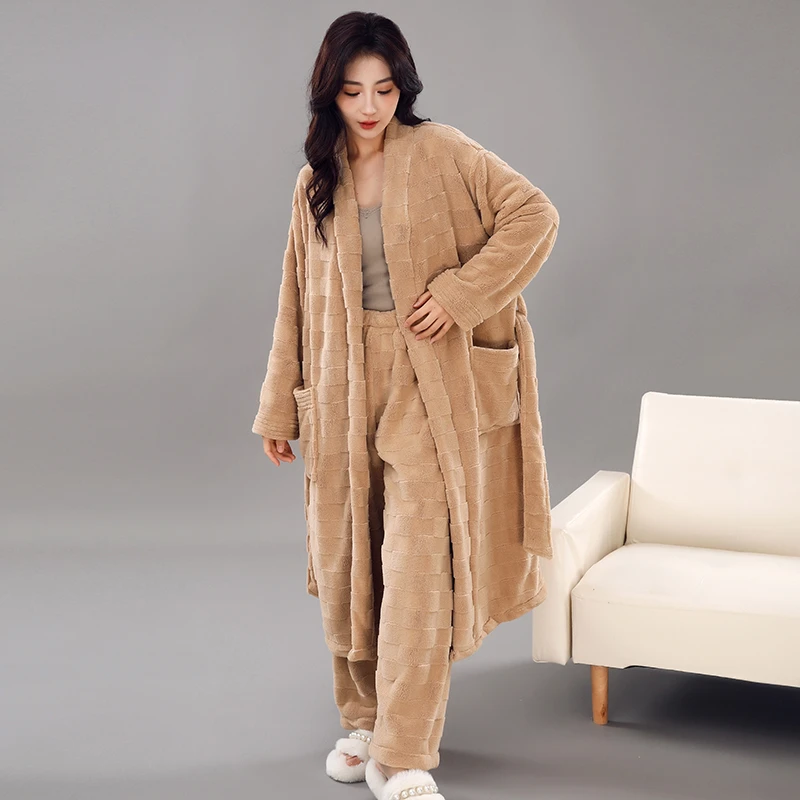 CHINEE Fleece Pajamas Plus Size Coral Print Robe Breathable Long Bathrobe for Women for Morning Autumn Winter