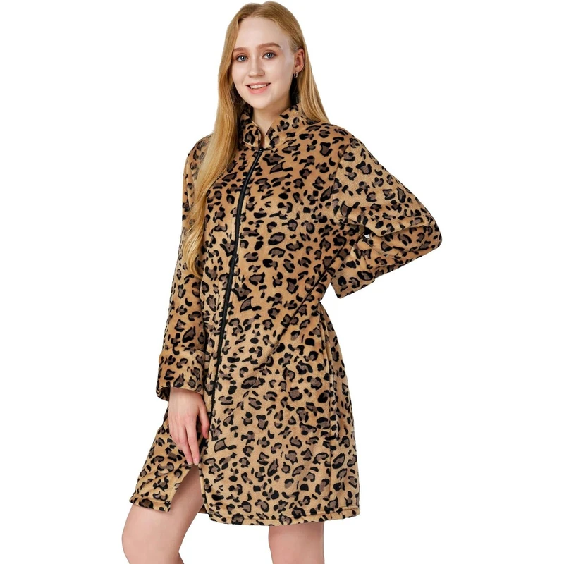 CHINEE Fleece Robe For Women Plush Zipper Front Knee Length Long Sleeve Cozy Sleepwear Night Dress For Women Night Suit