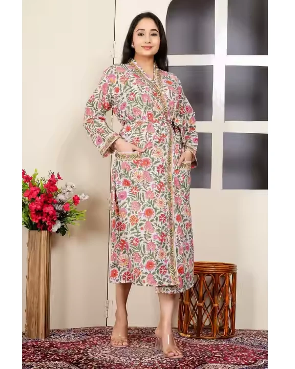 CHINEE Floral Block Printed Cotton Robe for Women Kimono Style with Wrap Closure Lightweight Long Dress for Sleepwear and Home Use