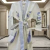CHINEE Floral Cotton Kimono Robe Hand Block Print Bridesmaid Gown Spring Knee Summer Loungewear Women's Waffle Long Sleeve Blue