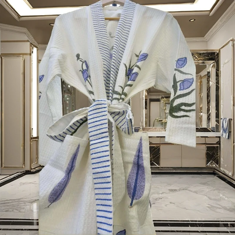 CHINEE Floral Cotton Kimono Robe Hand Block Print Bridesmaid Gown Spring Knee Summer Loungewear Women's Waffle Long Sleeve Blue