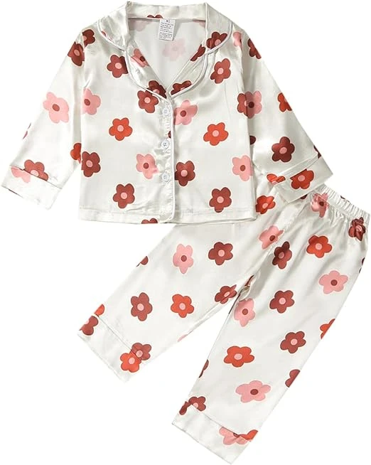 CHINEE Floral Polyester Cotton Toddler Girl Floral Silk Pajamas Short Sleeve Button Up Top Shorts Summer 2PC Flowers Satin Pajamas Set
