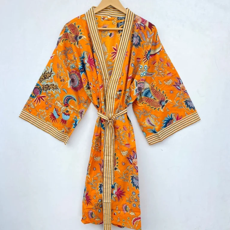 CHINEE-Floral-Print-Cotton-Kimono-Robe-Dressing-Gown-Bridesmaid-Robe-Summer-Nightwear-Short-Kimono-One-Size-Handmade-Beach-Coverup