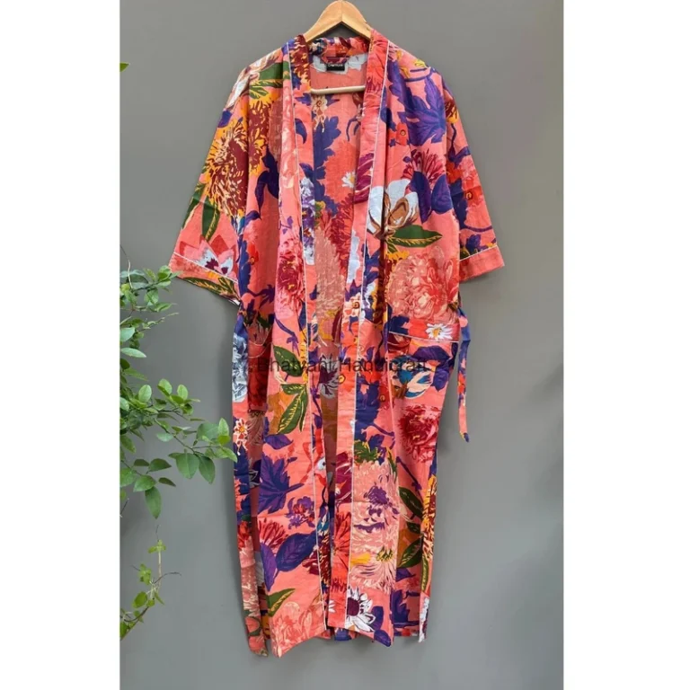 CHINEE Floral Printed Kimono Long Cotton Bath Robe Elegant Womens Dressing Gown Bridesmaid Robe Beach Cover up