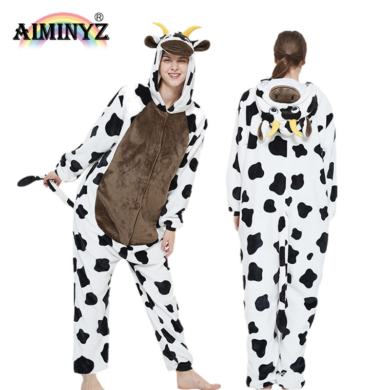 CHINEE For Plus Size Flannel Adult Winter Warm Onesie Sleepwear Loose Leisure Cartoon Cow Homewear Pajamas
