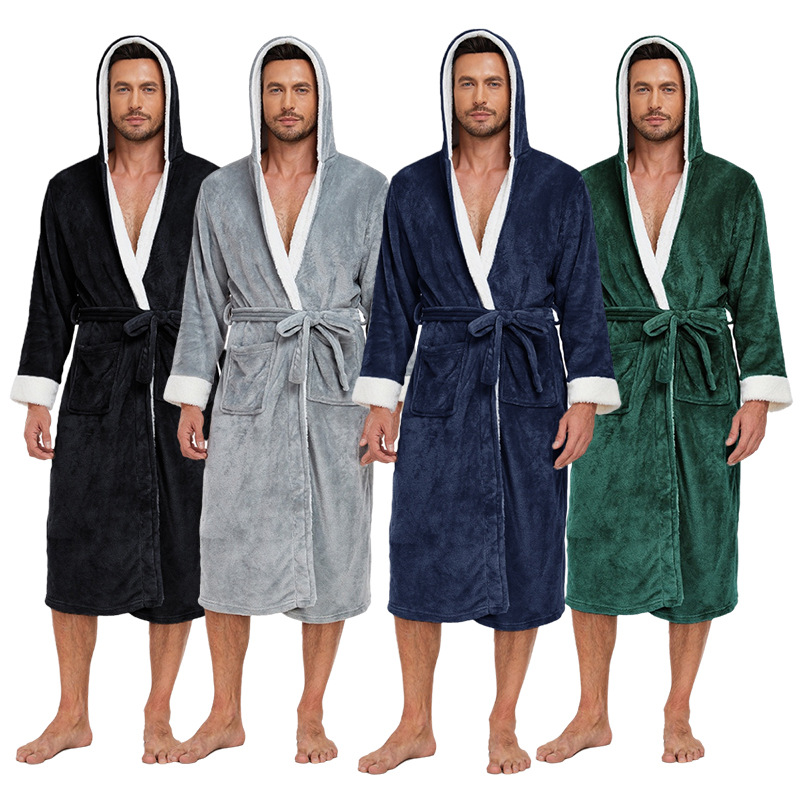 CHINEE Free Shipping Usa Local Stock Luxury Kimono Fleece Bathrobes Unisex Hooded Spa Black House Sleeping Pyjama Robe Men