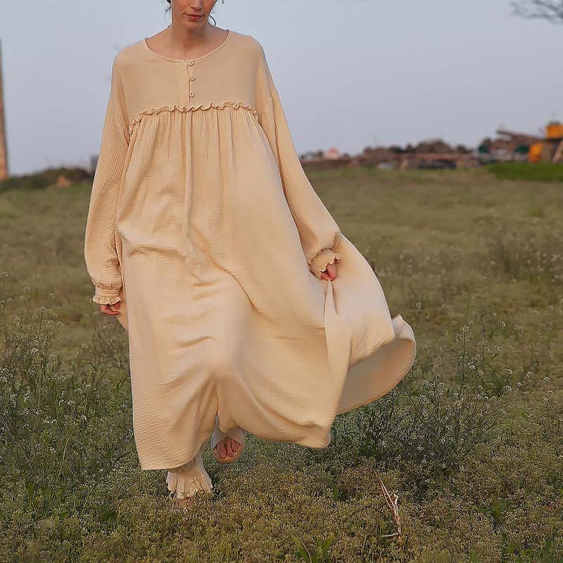 CHINEE French Court Nightdress Women's Long Sleeve Dress V neck Plus Size Loose Retro Cotton Thin Princess Nightgown