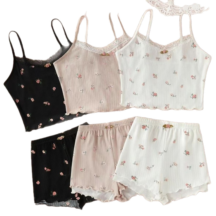 CHINEE French Lace Woven V Neck Floral Print Sleeveless Sexy Cami Pajama Set Soft Breathable Elastic Waist Home Shorts Two Piece