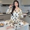 CHINEE French Women Satin Pajamas Long Sleeve Shirt Top Spring Summer Lady Casual Home Sleepwear Set