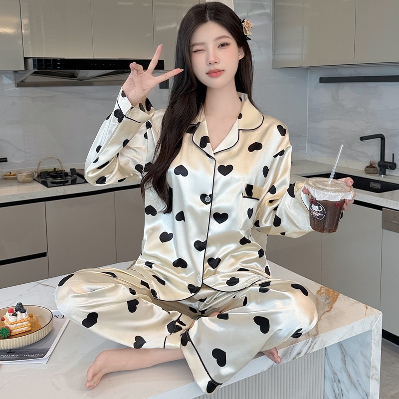 CHINEE French Women Satin Pajamas Long Sleeve Shirt Top Spring Summer Lady Casual Home Sleepwear Set