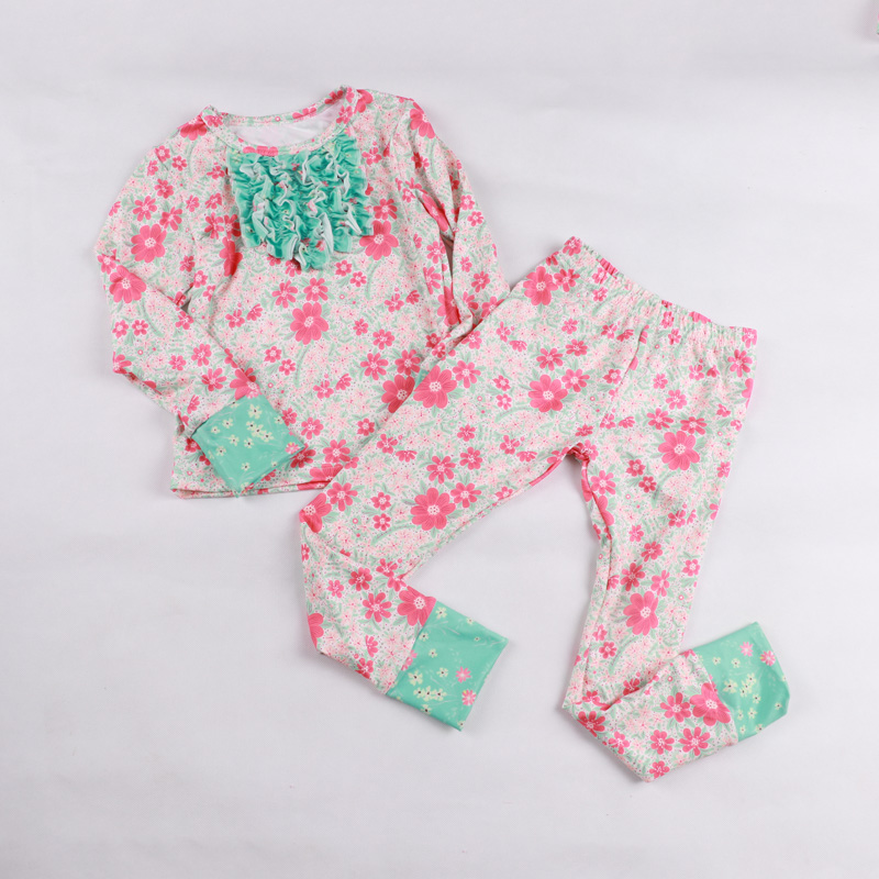 CHINEE Fresh Floral Print Toddler Pajama Set Ruffle Neckline Long Sleeve Top Elastic Waist Pants Kids Soft Cotton Home Wear Outfit
