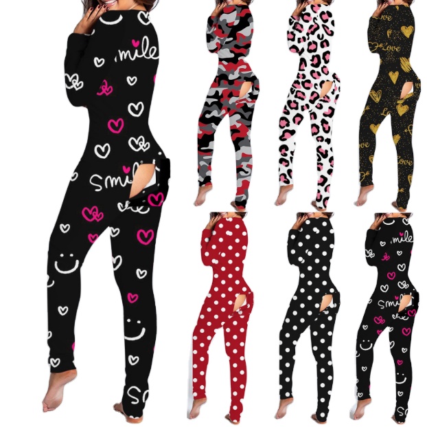 CHINEE Full Printing Long Pant and Long Sleeve Holiday Xmas Sleepwear Christmas Onesie Pajamas With Butt Flap for Women
