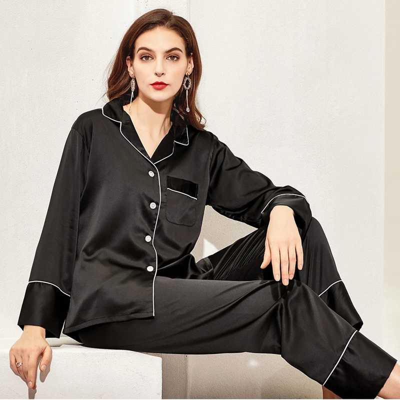 CHINEE Fung 6001 Long Pajama Set Full Length Sleeve With Pants Women Satin Pajamas Black Sleepwear for Women New Style