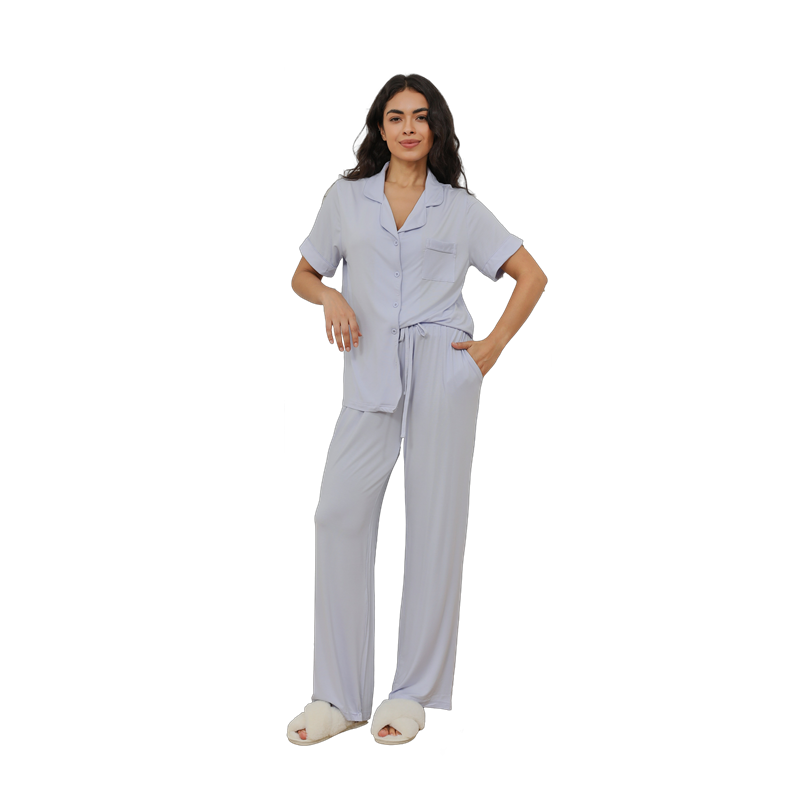 CHINEE Fung 8006 Long Sleeve Shirt and Wide Leg Women's Plain Color Sleepwear Modal Pajamas Set