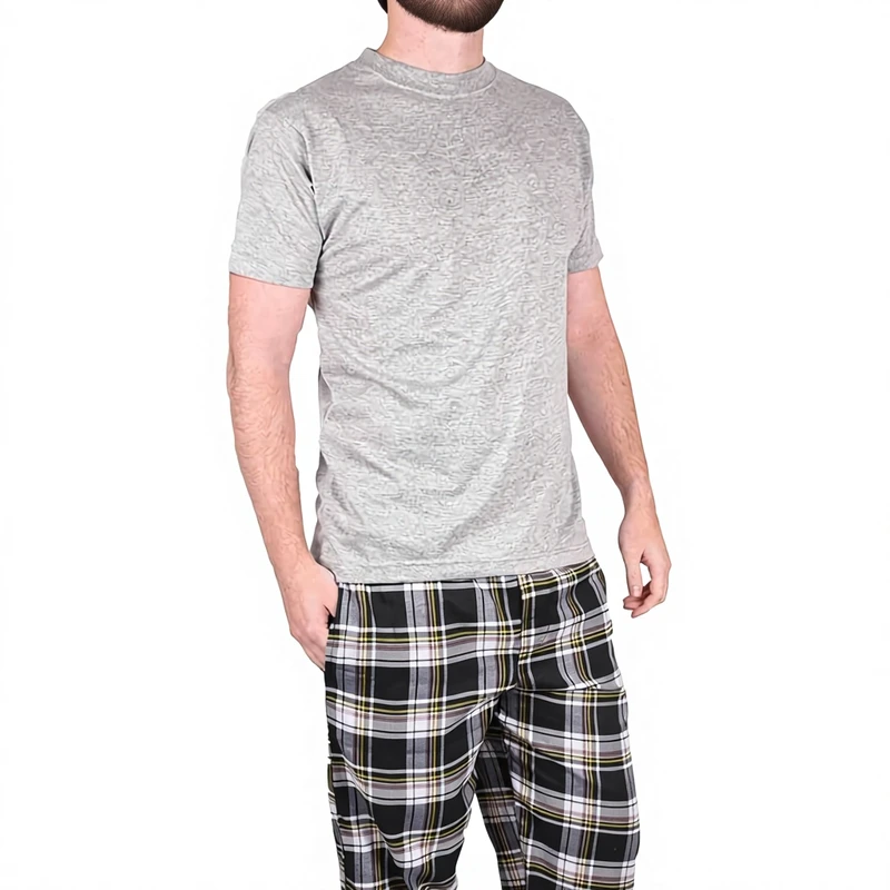 CHINEE Gaffer Pajamas Set Men's Cotton Lounge Pants with Check Design and Short Sleeve T Shirt 2 Piece Size S M L XL 2XL
