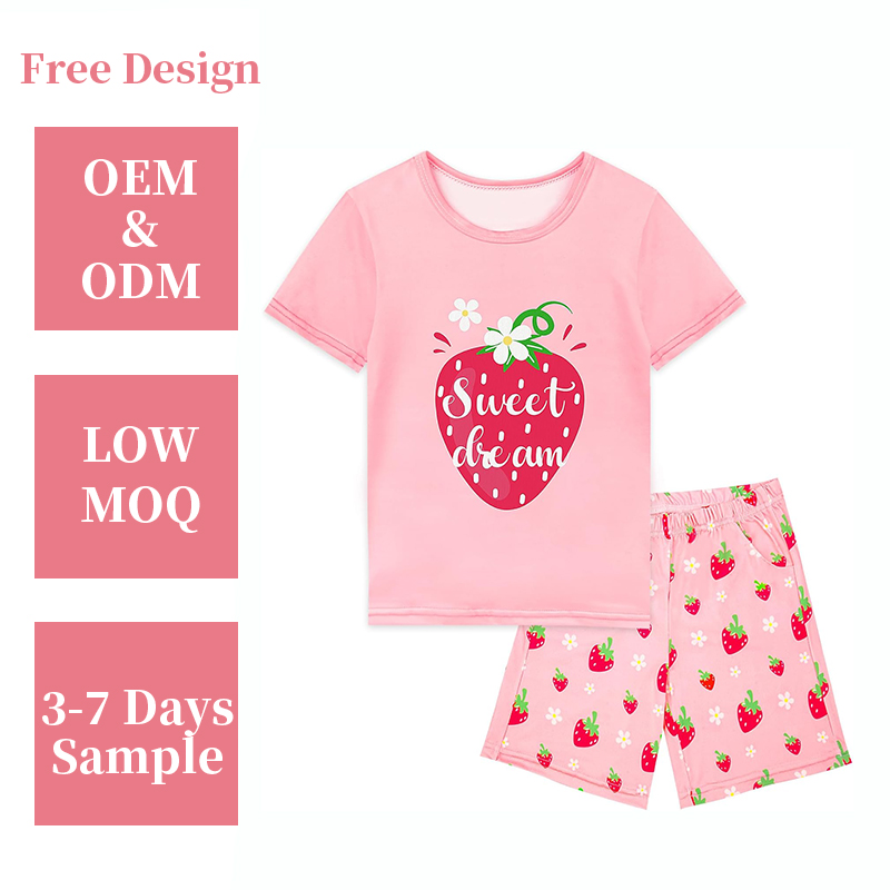 CHINEE Girls Nightgown Short Sleeve with Shorts Toddler Kids Pajamas Summer Strawberry Print Kids Pajama Set 2Pcs