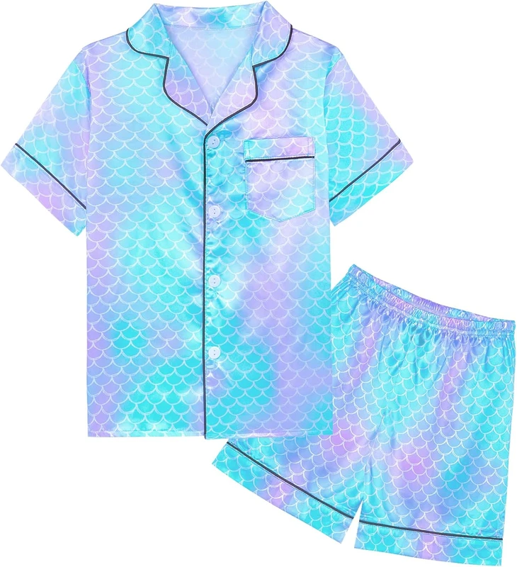 CHINEE Girls Pajamas Satin Short Sleeve Button Down Silky Pjs Girls' Sleepwear Set for Toddler Kids 3T 10Y