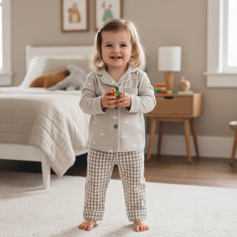 CHINEE Girls Sleepwear Set Cotton Linen Long Sleeve Plaid Pajamas Toddler Nightwear 6M 5T CPC CPSIA Certified Home Wear