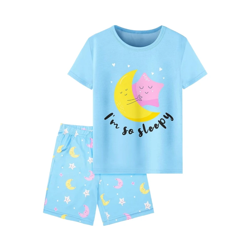 CHINEE Girls Toddler Summer Breathable Jersey Cartoon Print 95% Cotton Pajamas Sets Short Sleeve Sleepwear Size 3 10