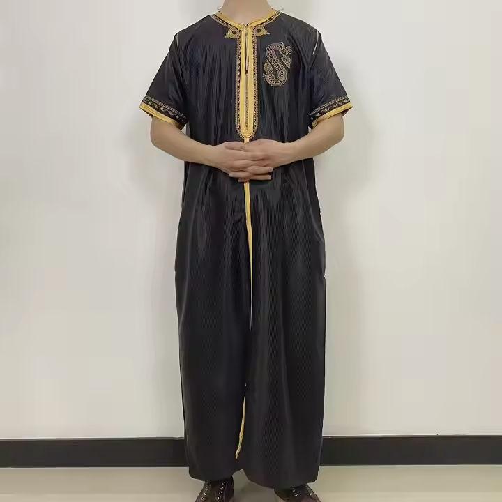 CHINEE Gold Embroidered Moroccan Men's Muslim Thobe Robe Traditional Jubba Short Sleeve Shiny Fabric Men's Clothing Jalabiya for Men