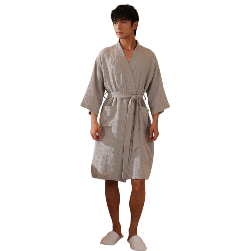 CHINEE Gray Men's Cotton Gauze Robe Lightweight Bathrobe with Pockets
