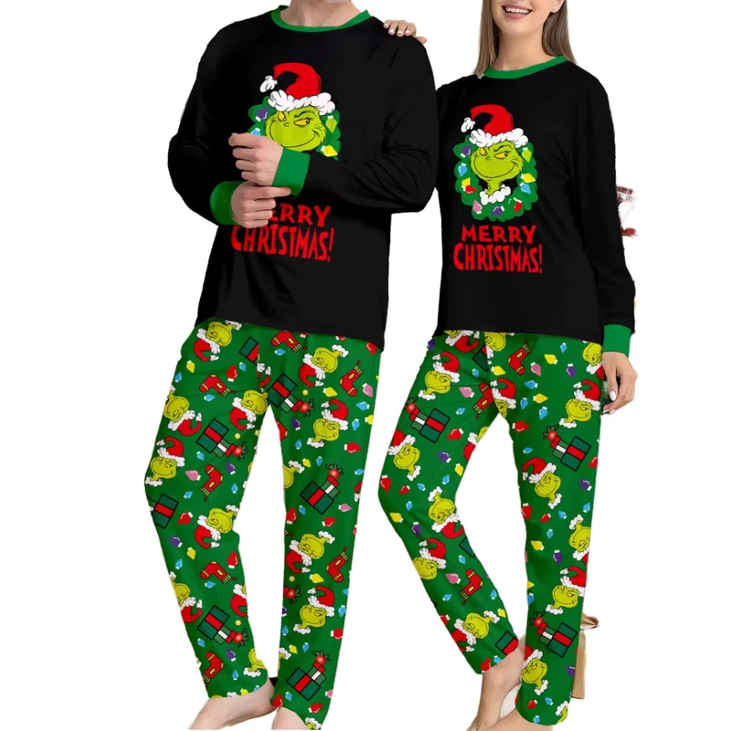 CHINEE Green Home Casual Long Sleeve Family Matching Christmas Pajamas Knitted Elastic Waist Closure Quick Dry Spring Winter Autumn