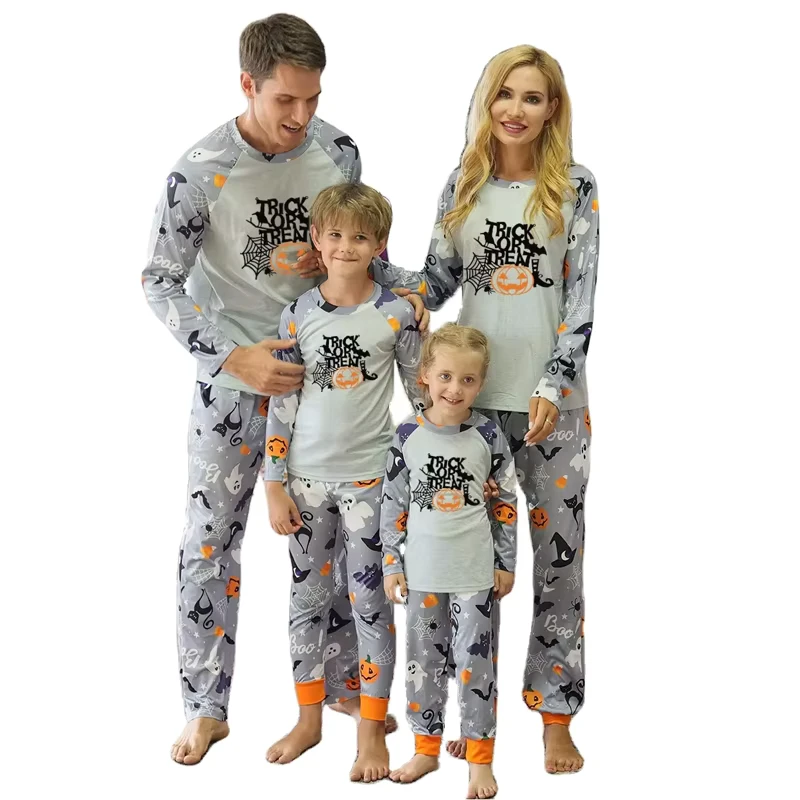 CHINEE Halloween Pumpkin Sleepwear Two Piece Set Soft Long Sleeve Pajamas Family Pjs for Women Man Kids Matching PJ