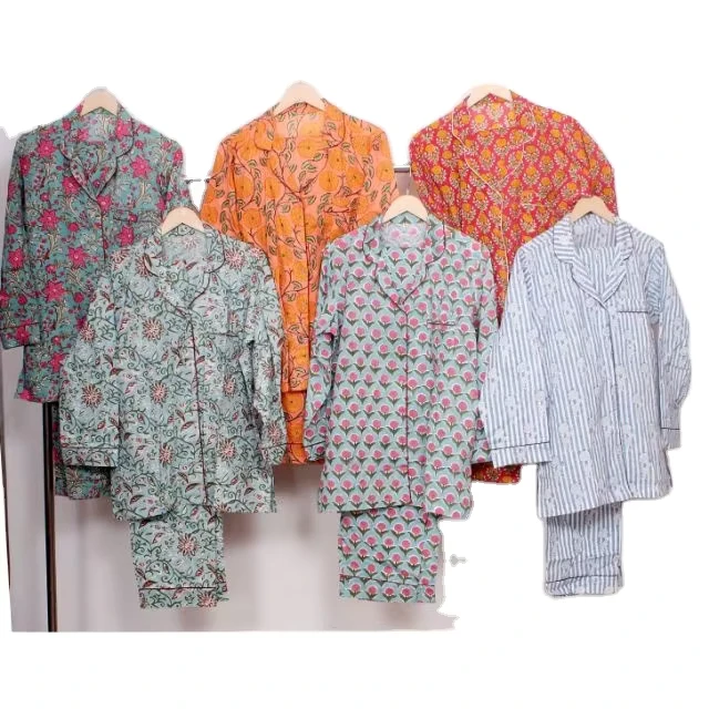 CHINEE Hand Block Printed Pajama Set and Different Color Swimwear Sexy Women's Pajamas Set Bridesmaid Robes