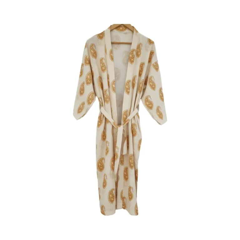 CHINEE Hand Drawn Woven Cotton Long Kimono with Belt Tie Closure Summer Spring Night Sleepwear Robe Women Floral Print