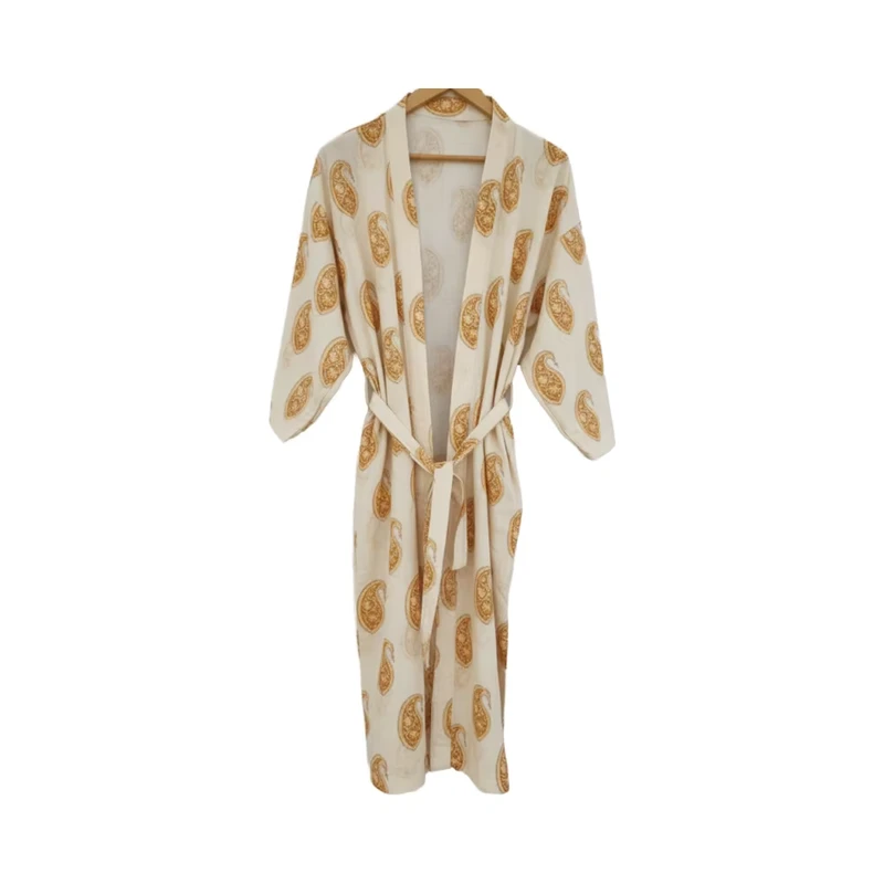 CHINEE Hand Drawn Woven Cotton Long Kimono with Belt Tie Closure Summer Spring Night Sleepwear Robe Women Floral Print