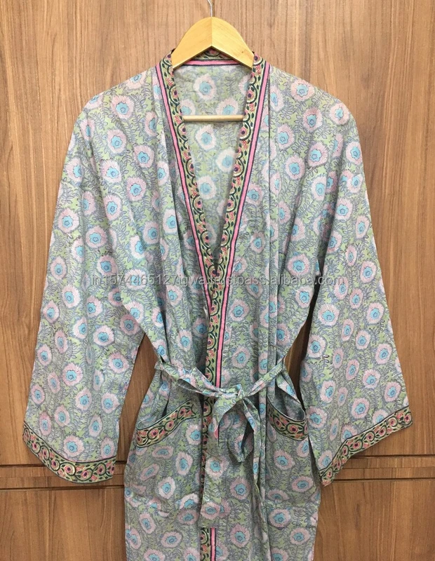 CHINEE Hand Printed Cotton Kimono Robe Womens Long Sleeve Bathgown Beachwear Cover Up Yukata Style Loungewear