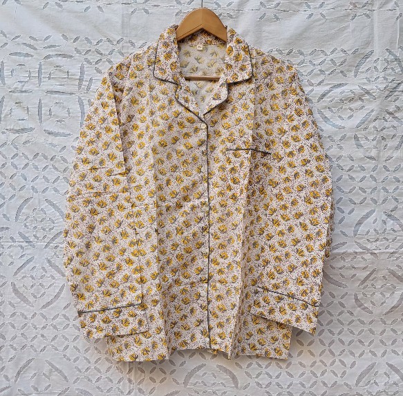 CHINEE Handmade Block Print Cotton Women Sleep Shirt Long Sleeve Floral Button Down Soft Breathable Lightweight Nightwear Lounge Top