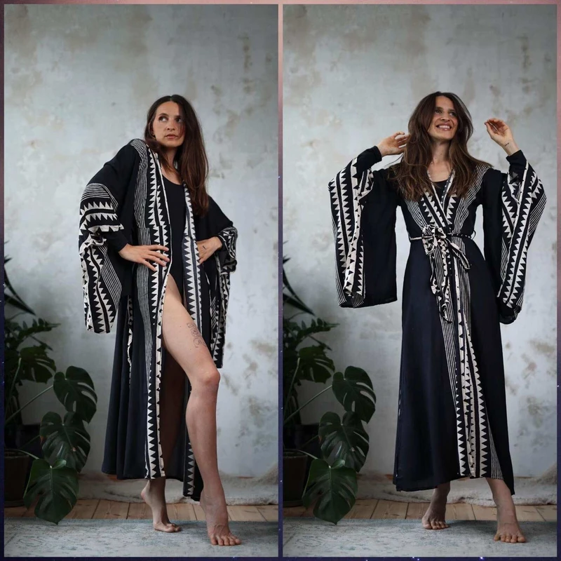CHINEE Handmade Boho Kimono Wrap Robe Free Size Kimono Dress Block Printed Fabric for Women