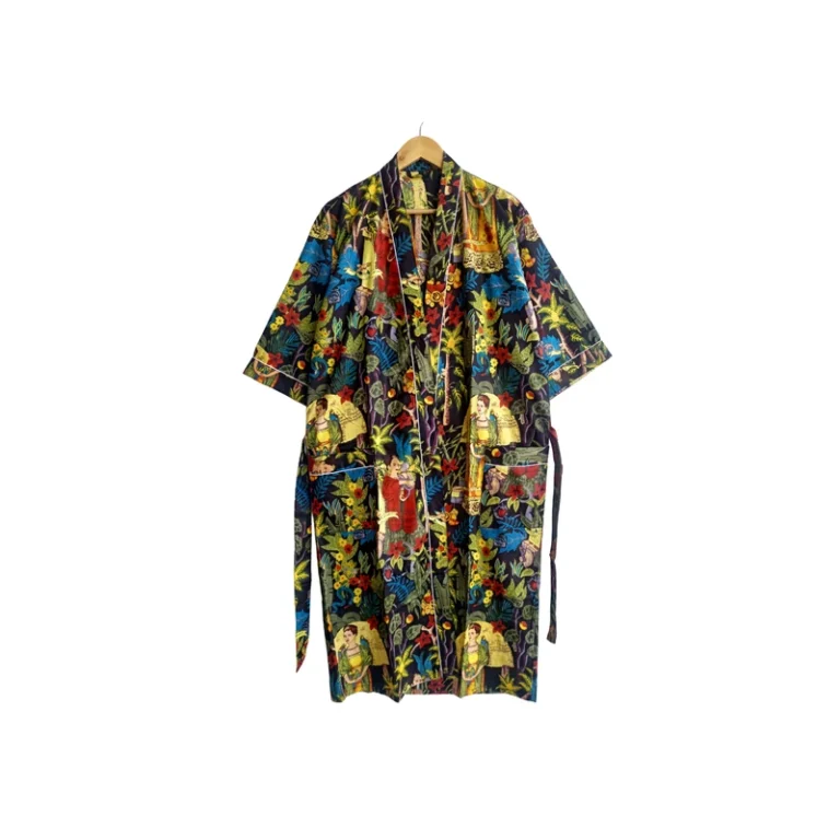 CHINEE Handmade Cotton Kimono Robe V Neck Full Sleeves Nightwear Women Summer Beach Maxi Dress Contrast Piping Front 2 Pockets Robe