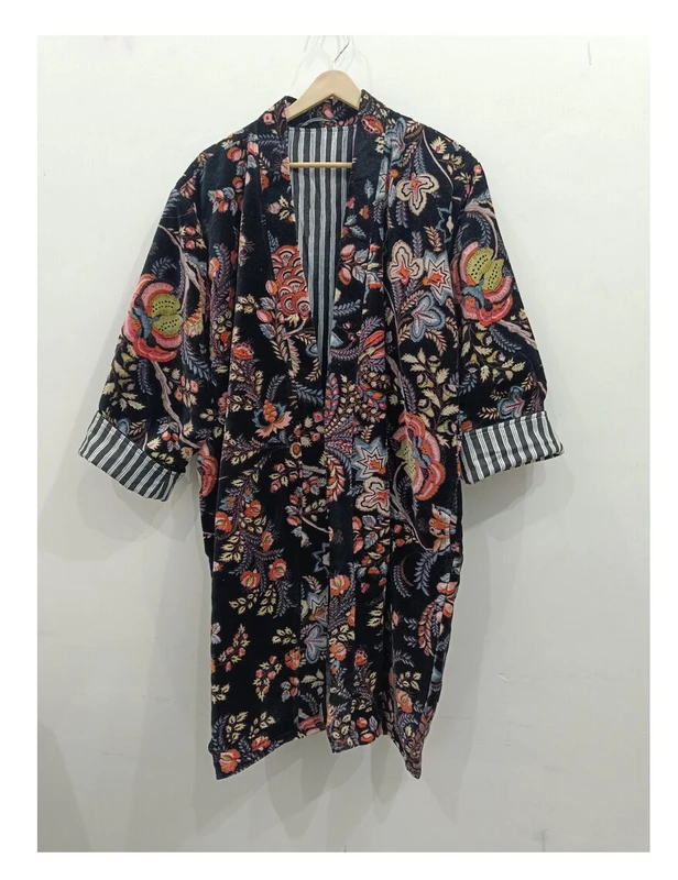 CHINEE Handmade Cotton Velvet Elegant Floral Printed Kimono Robe for Women Breathable Quick Dry Drawstring Closure Full Length Bridal