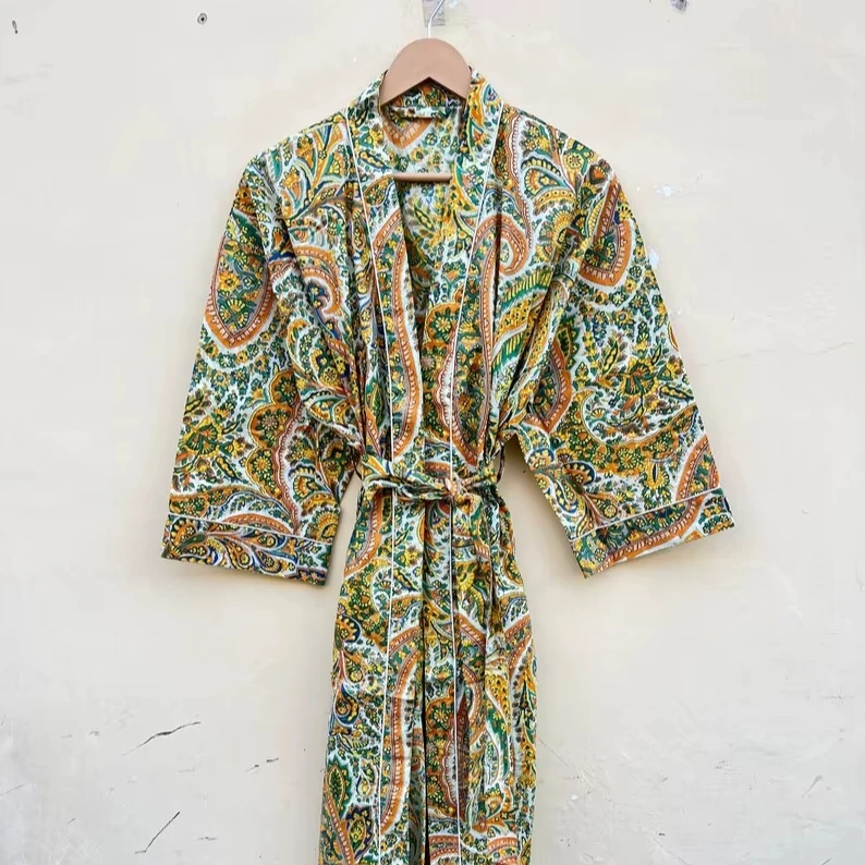 CHINEE Handmade Eco Friendly Floral Print Cotton Gown Lightweight Summer Bathrobe Natural for Lounge Spa Wear Bridesmaids Gifts