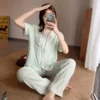 CHINEE High Quality 2pcs Women's Summer Pyjamas Set Short Sleeved Trousers Nightgown Elastic Waist Woven Polyester Comfortable