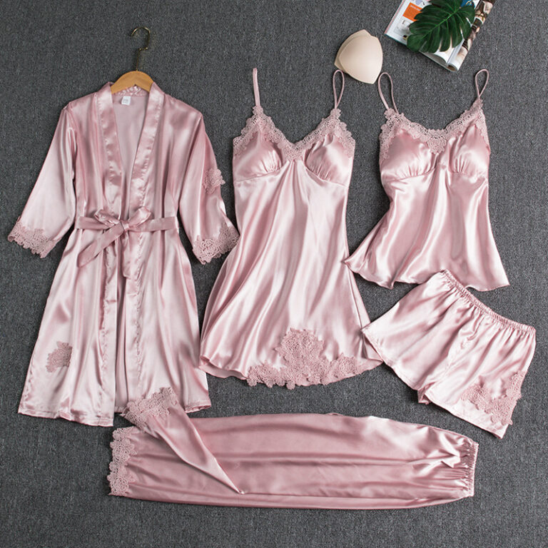 CHINEE-High-Quality-5-Piece-Satin-Pajama-Set-for-Women-Gold-Floral-Camisole-Sexy-Dress-Satin-Silk-Sleepwear-Robe-Set