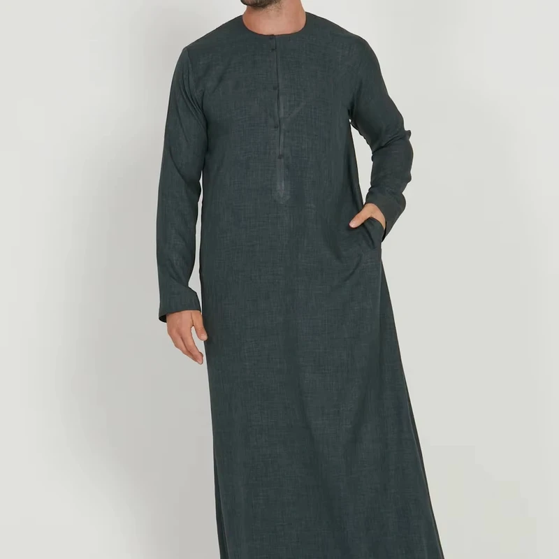CHINEE High Quality Arabic Robe Men Solid Breathable Quick Dry Lightweight Casual Full Length Thobe Tailored Edges Pockets Embroidery