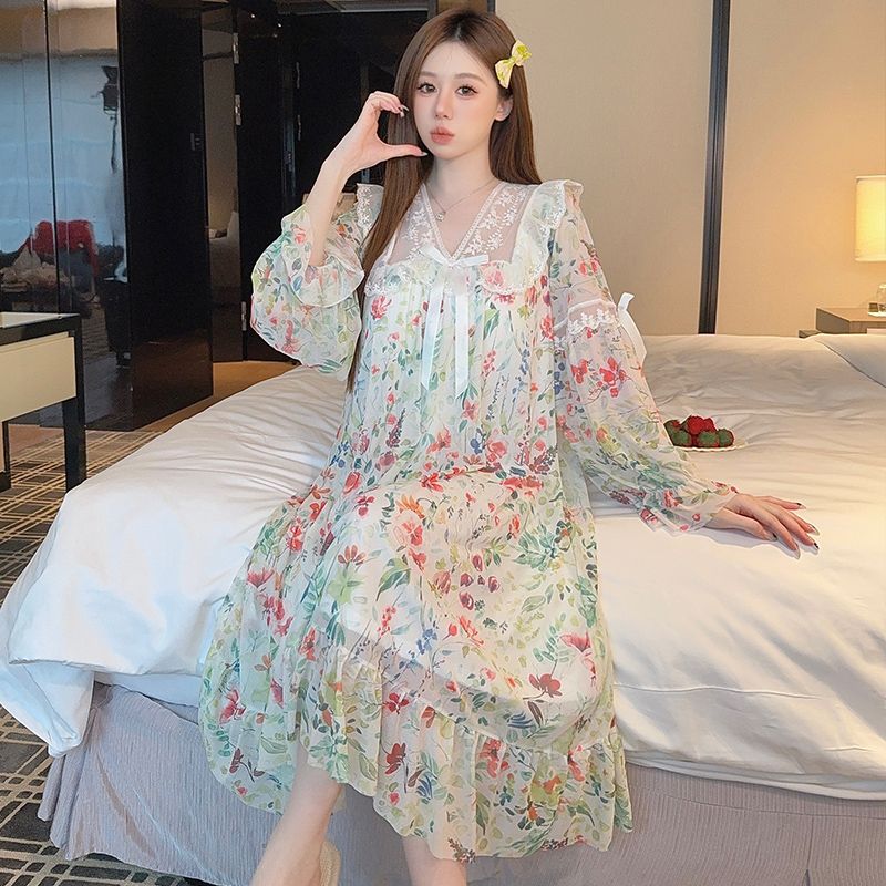 CHINEE High Quality Autumn Floral Printed Lace Trim Nightdress Exquisite Bow Mesh Court Princess Style Women Sleep Skirts
