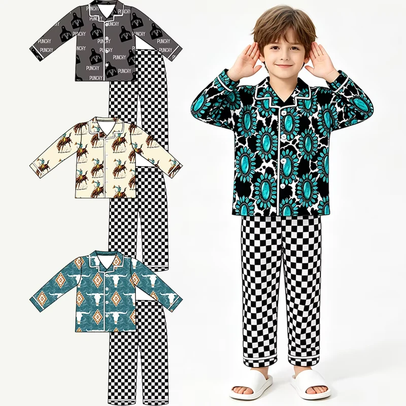 CHINEE High Quality Baby Boys Piping Trim Sleepwear Set Trendy Western Nightwear with Checkerboard Custom Kids Loungewear Pajamas