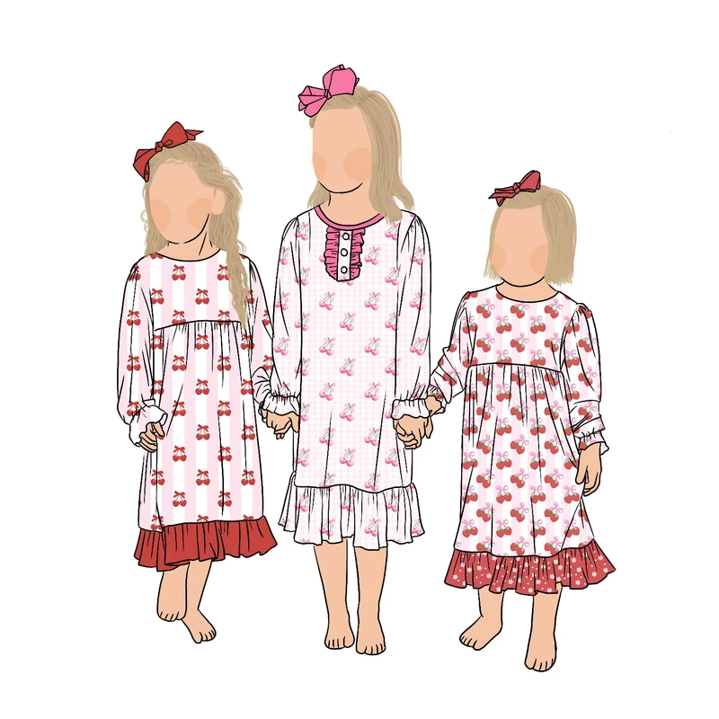 CHINEE High Quality Custom Soft Milk Protein Fiber Pajamas Dress Baby Kids Children Girls Sleepwear Ruffle Nightgown Set