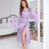 CHINEE High Quality Custom Women's Long Woven Satin Tulle Robe Thermal Bathrobe Sleepwear Spring Summer Bride Feather Gown Kimono
