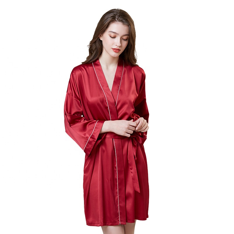 CHINEE High Quality Deep V neck Silk Satin Dress Sleepwear Belt Bow Robe Loungewear Nighty Pajamas Sexy Button up Women's Sleepwear
