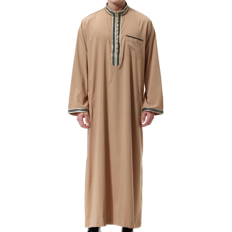 CHINEE High Quality Embroidered Linen Traditional Men's Jubbah Islamic Thobe Anti Pilling Ankle Length Loose Fit Ramadan Clothing