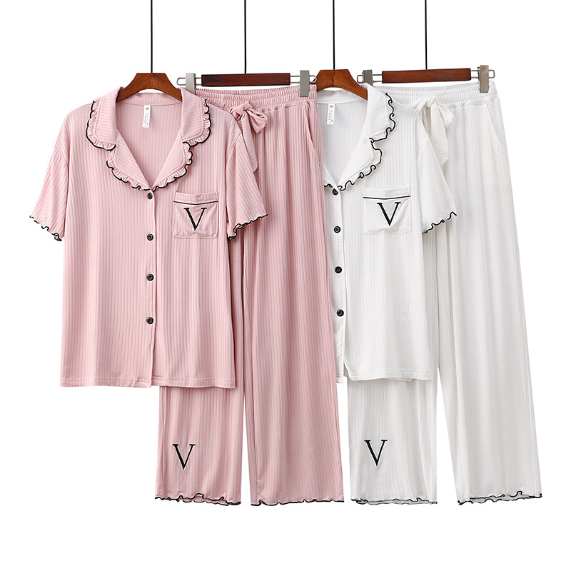 CHINEE High Quality Europe and America 8*5 Ribbed Modal Pajama Women's Spring Summer Short Sleeve Tops Homewear Modal Pajamas Women