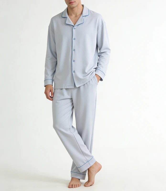 CHINEE High Quality Light Blue Men's Knitted Pajama Set 260g Polyester Cotton Homewear Cool Dry Sweat Wicking Long Sleeve Top