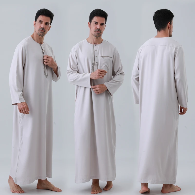 CHINEE High Quality Light Luxury Style Moroccan Jellaba Men's Long Sleeve Omani Thobe Muslim Traditional Islamic Robe Casual Prayer